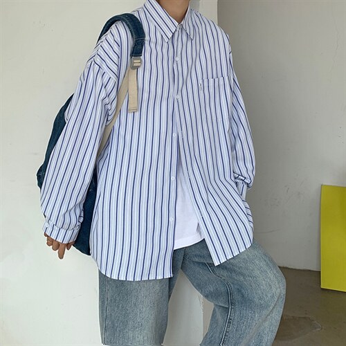 秋装条纹衬衫长袖男士外套港风潮牌休闲宽松衬衣上衣CS721P45控59图片