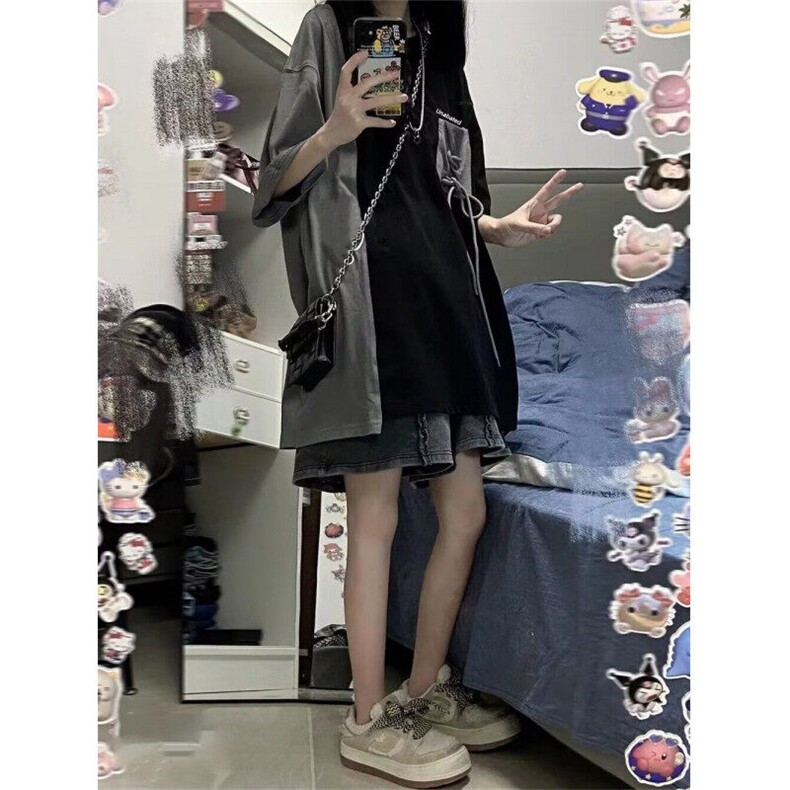 中长款洋气百搭港味短袖夏欧货宽松套头慵懒风拼接上衣TF248,男装Polo衫,星座1116A（原606A-3）
