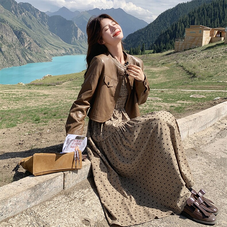 美拉德皮衣外套吊带裙套装连衣裙女春秋2025新款洋气减龄两件套图片