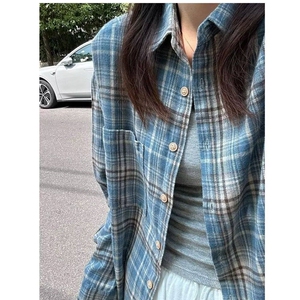 蓝色格子衬衫男女款秋冬季2024新款宽松休闲长袖百搭衬衣复古外套图片