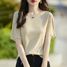 简约纯色莱赛尔真丝亲肤短袖T恤女圆领宽松醋酸垂感宽松半袖上衣，女装T恤，臻维羊绒