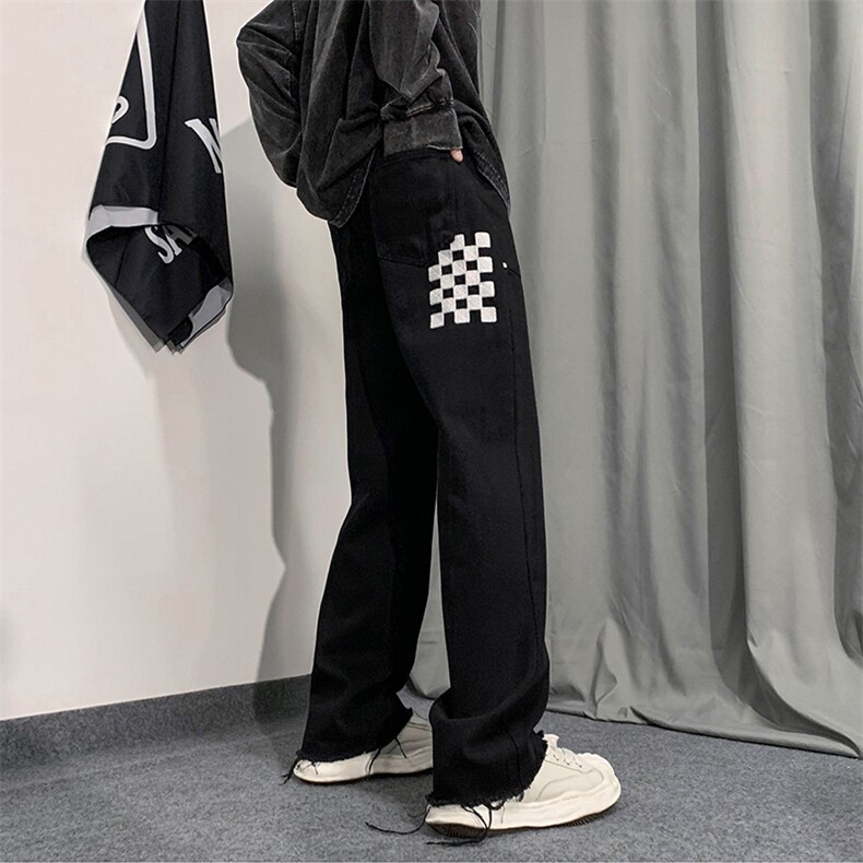 高街美式棋盘格刺绣牛仔裤男宽松阔腿设计感裤子N01352-P48,男装牛仔裤,星座308B-1