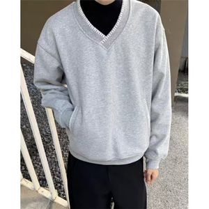 灰色基础款V领卫衣男女简约ins百搭休闲套头长袖体恤上衣 WA41图片