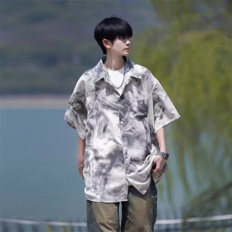 扎染短袖花衬衫男生夏季薄款冰丝大码设计感度假海边沙滩衬衣外套,男装T恤,星座1005-4