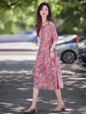 天丝麻印花连衣裙女2025夏季新款气质时尚收腰显瘦减龄中长款裙子，女装连衣裙，涵墨