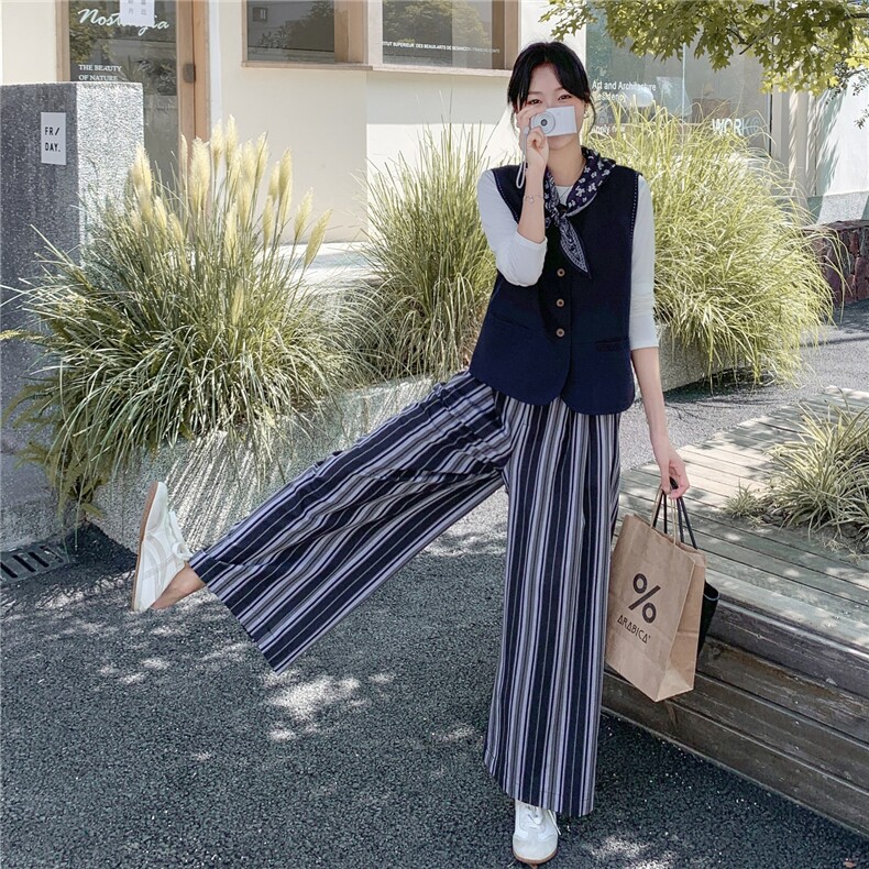 气质马甲条纹阔腿裤套装女2025年秋季新款休闲显瘦洋气穿搭两件套,女装套装/套裙,2C232