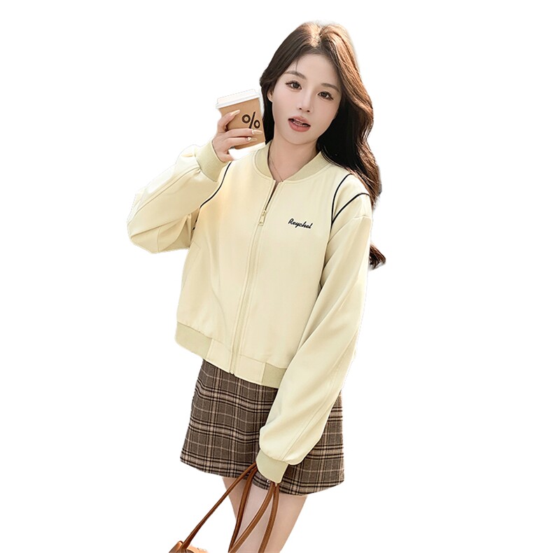 美式棒球服外套女春秋通勤短款撞色拼接复古夹克刺绣宽松休闲上衣,女装短外套,鑫慧