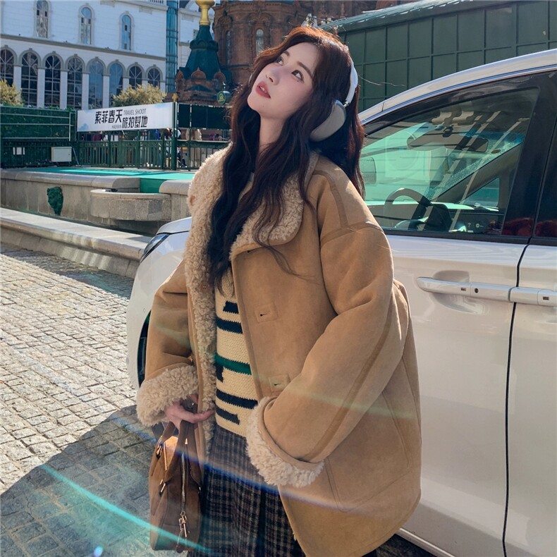 两面穿皮毛一体保暖上衣女冬超好看麂皮绒羊羔毛外套,女装羊羔毛/颗粒绒,昱喆服饰