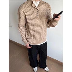 秋季新款竖条纹毛衣男日系高级感宽松休闲长袖衬衣潮SW5342图片