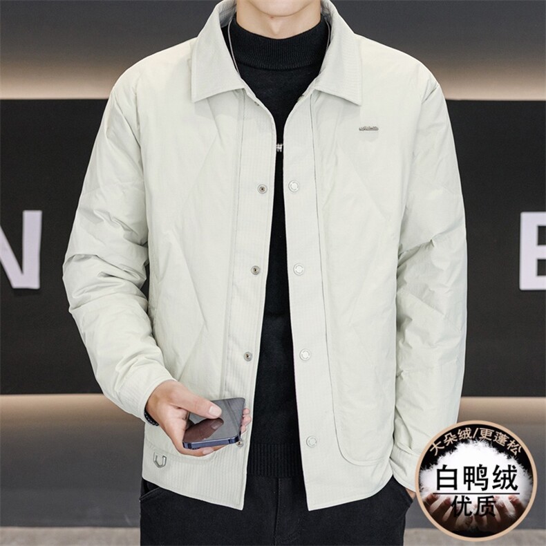 白色翻领轻薄羽绒服男冬季新款拼接设计高级感假两件保暖夹克外套,男装夹克,星座914