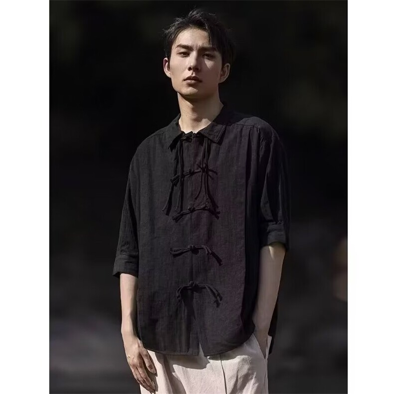 C302-P43 新中式男装潮复古衬衫2025夏季新款短袖垂感高级衬衣图片