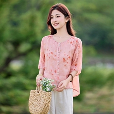 2026年春季文艺风短袖宽松亲肤透气薄苎麻文艺/优雅，女装衬衫，江南依恋