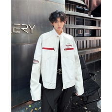 美式白色立领pu皮衣外套男女秋冬24新款机车服开衫夹克W6139-P65，男装夹克，星座412-2