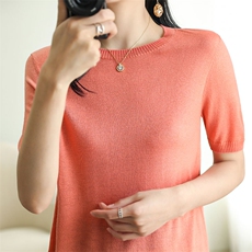 春夏季新款精纺微透纯羊毛衫女圆领短袖针织半袖毛衣羊绒衫超薄款，女装T恤，总能电商供货