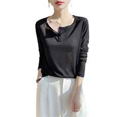 2025新款简约百搭纯色女士开口V领莱赛尔长袖，女装蕾丝衫/雪纺衫，羊特美羊绒