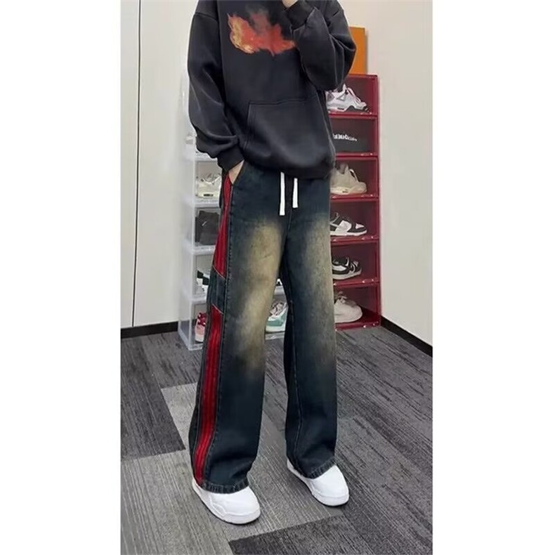 美式复古条纹拼接做旧牛仔裤男女款设计感做旧松紧腰阔腿工装裤,男装牛仔裤,星座1210-1