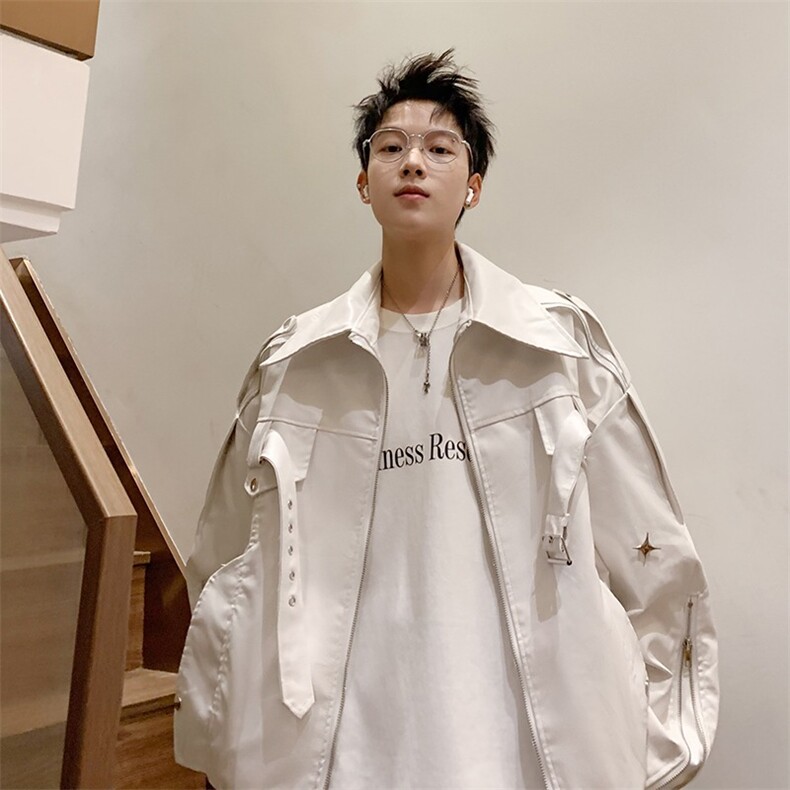 潮流街头时尚美式复古高街白色皮衣夹克外套流行慵懒长袖8885/P98，男装夹克，星座506