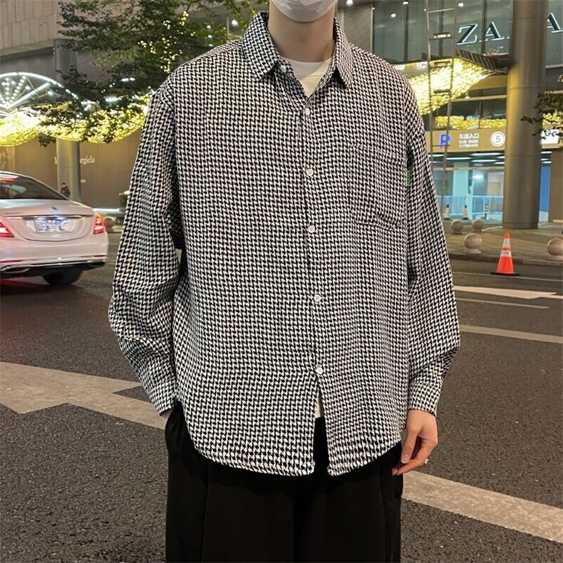 男士春秋季港风高街复古千鸟格上衣宽松大码百搭衬衣外套2227/P36,男装衬衫,星座506