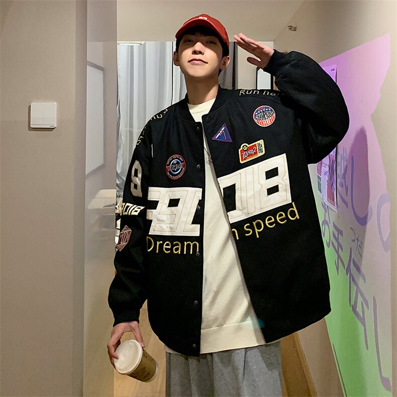 秋装港风潮酷夹克男宽松贴布装饰外套棒球服上衣JK101P145限198,男装夹克,电商A089-1
