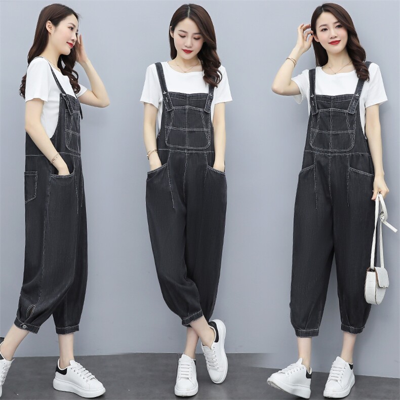 短袖牛仔背带裤套装女2023夏季新款女装韩版时尚休闲两件套套裤潮图片