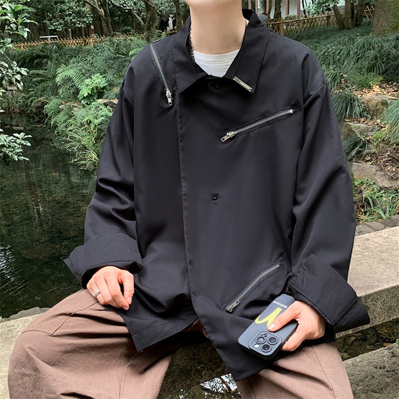 暗黑设计感小众衬衫男痞帅发型师休闲上衣流行拉链潮牌长袖衬衣,男装衬衫,星座601-2
