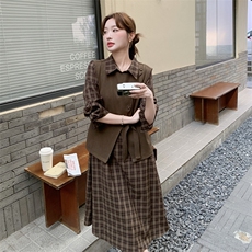 美拉德复古格子连衣裙套装女2025秋季新款气质显瘦马甲长裙两件套，女装套装/套裙，2C115