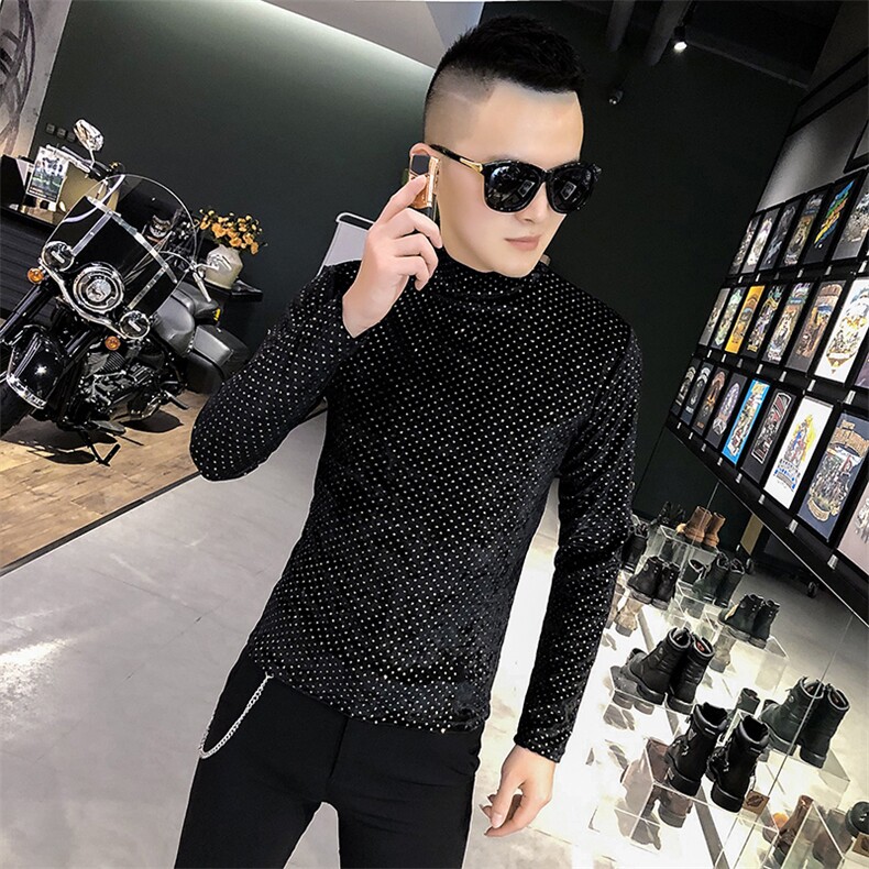 店主风T恤男长袖针织衫外穿网红半高领金波点打底衫A068-QS11-P45图片