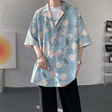 8XL-M冰丝凉感衬衣垂感透气复古花纹宽松男五分袖短袖衬衫CS526，男装T恤，电商D206-1