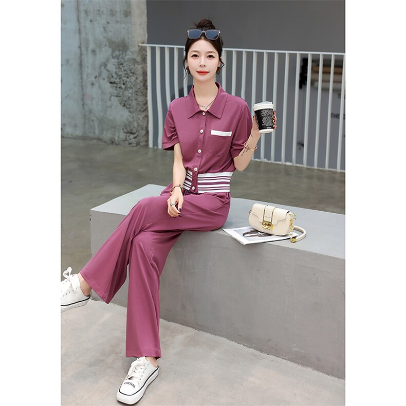 休闲运动套装女夏季2025新款高级感时尚短袖上衣洋气阔腿裤两件套,女装套装/套裙,妙形