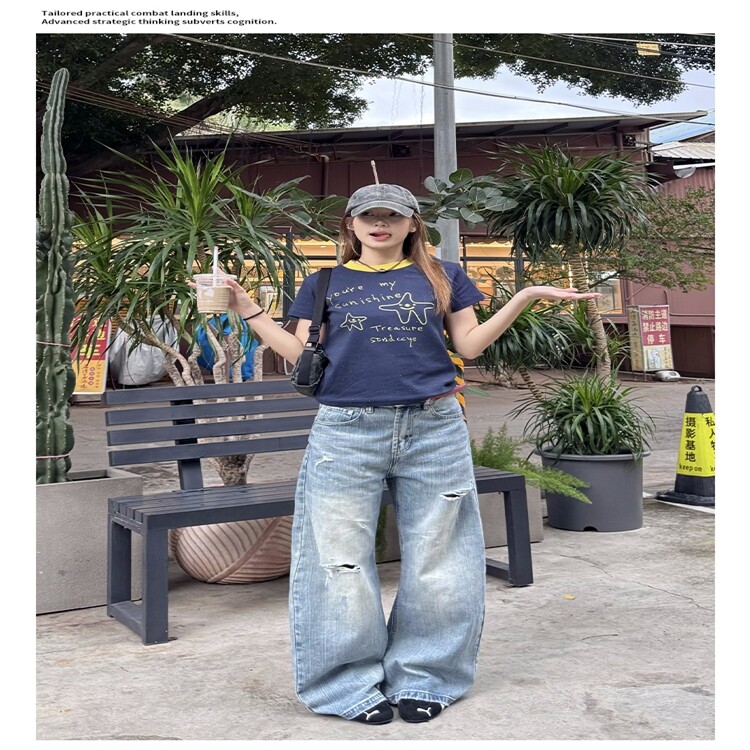 美式复古宽松破洞竹节棉弯刀牛仔裤女街头cleanfit阔腿长裤潮,女装牛仔裤,星座218-8