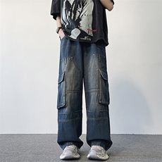 217-2-K24302-P70渐变色高街宽松阔腿牛仔裤男工装休闲裤，男装牛仔裤，星座217-2