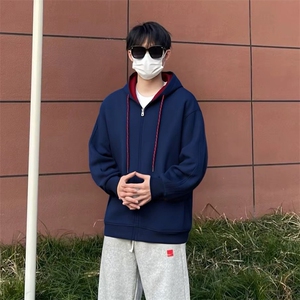 抖音得物二开美式高街重磅结构双层撞色连帽卫衣开衫外套W116图片