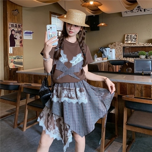 韩版减龄假两件短袖格纹蕾丝套装女2025夏季新款设计感独特两件套图片