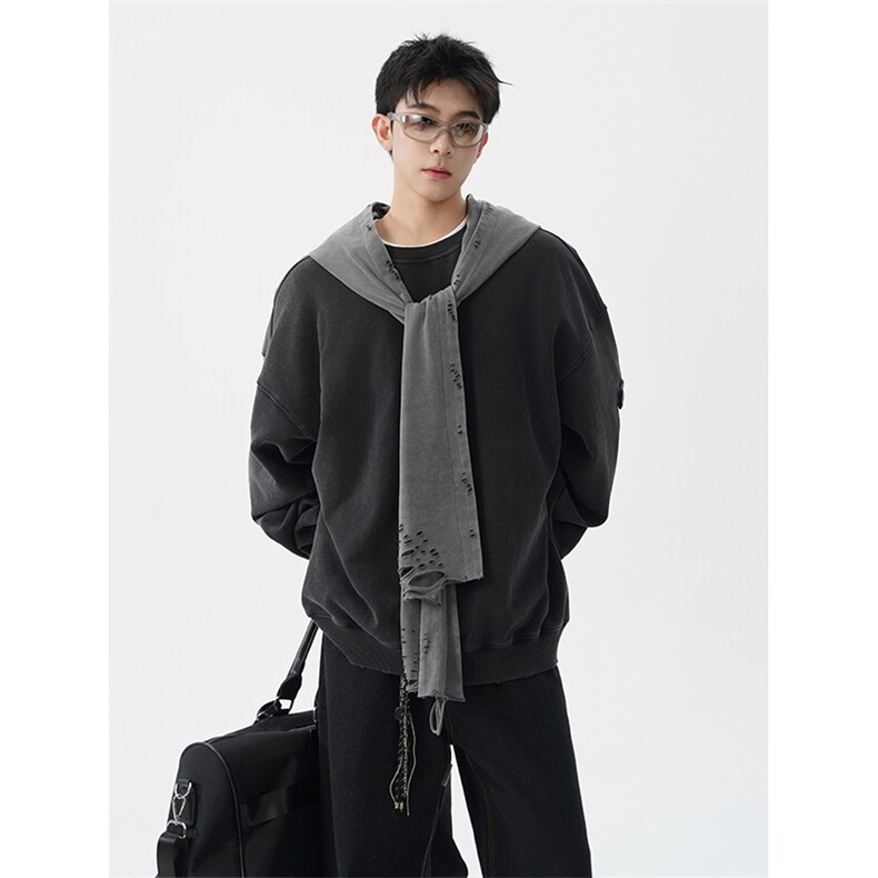 8XL-M高品质美式雕刻可拆卸破洞帽洗水深灰多穿法圆领卫衣WY28P88,男装卫衣,电商D206-1