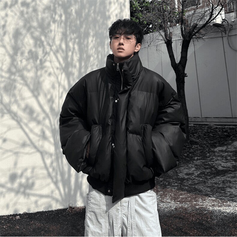 现货5W件冬季三防重磅硬挺boxy短款羽绒立领PU皮棉衣外套加厚棉服,男装棉衣,电商A443