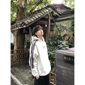 美式潮拼接小logo帽衫外套高街彻边条纹连帽卫衣 W164图片
