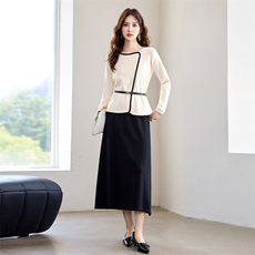 现货！秋季新款法式浪漫洋气圆领拼色优雅气质百搭款两件套裙女，女装套装/套裙，宝儿家