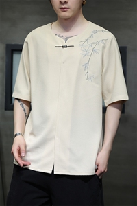 新中式金属扣风潮T恤短袖民族服竹子刺绣汉服时尚T2410-P55图片