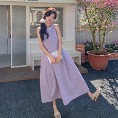 法式紫色无袖背心裙连衣裙子女装夏季2025新款简单甜美长裙带包包，女装连衣裙，2C122