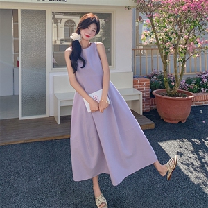 法式紫色无袖背心裙连衣裙子女装夏季2025新款简单甜美长裙带包包图片