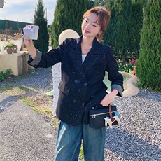 设计感黑色亮片短款西装外套女2025年秋季新款时尚百搭西服上衣潮，女装西装，2C218