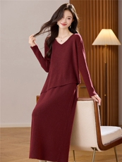 2025韩系氛围感穿搭套装v领不规则下摆针织套裙气质优雅两件套，女装羊毛衫，艾米