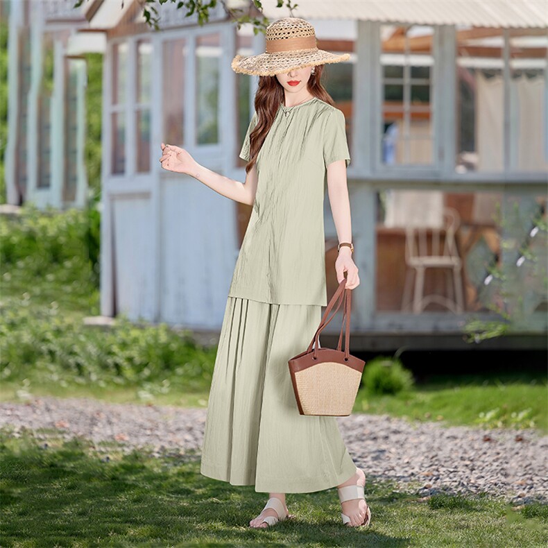 时尚简约休闲套装女2026夏新款气质减龄显瘦短袖上衣阔腿裤两件套,女装套装/套裙,水衣源