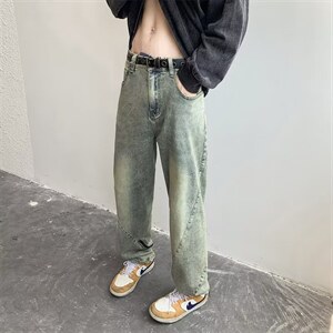 牛仔裤男秋季美式潮大码休闲裤子高街黄泥色环绕拉链B8117P45图片
