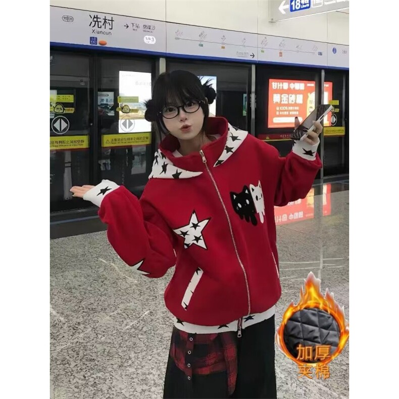 美式星星猫咪刺绣设计感连帽卫衣男秋冬宽松开衫拉链外套拼色上衣,女装短外套,四季星座505
