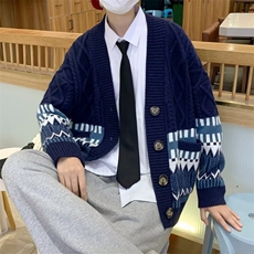 复古拼接菱格V领开衫毛衣宽松潮牌针织衫外套，男装针织衫/毛衣，星座410-7