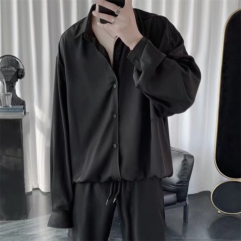 C129-P25秋季暗黑系纯色薄款衬衫男士炸街潮流宽松bf上衣,男装衬衫,电商B323A