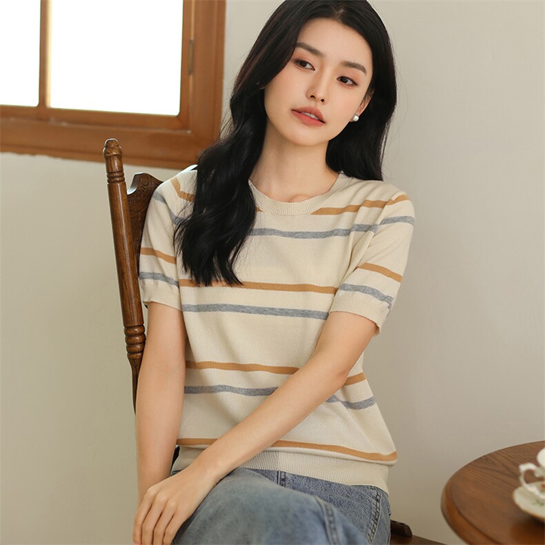 条纹纯棉线短袖t恤女针织打底衫女夏季新款拼色圆领半袖短款上衣,女装T恤,伊绒腾羊绒