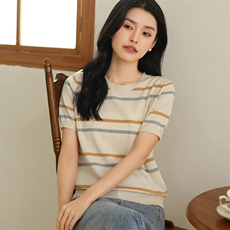 条纹纯棉线短袖t恤女针织打底衫女夏季新款拼色圆领半袖短款上衣，女装T恤，伊绒腾羊绒