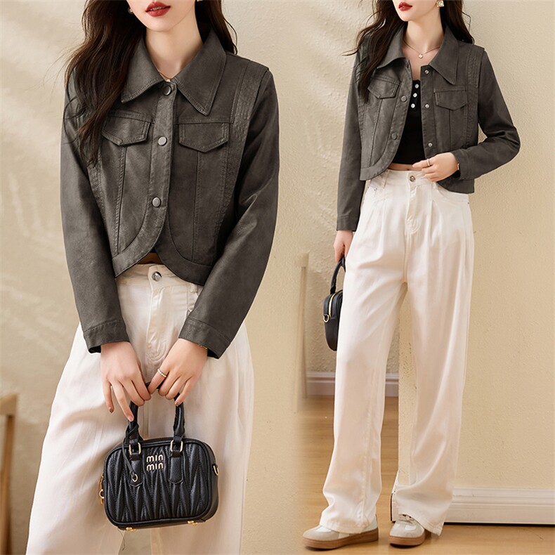 现货宽松蝙蝠袖绿色PU皮衣2024春装新款女装时尚百搭显瘦皮外套女，女装皮衣，潮流依族